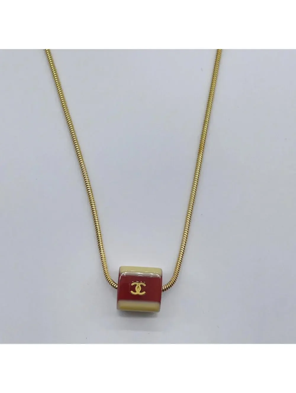 Authentic CHANEL Red Cube Necklace With Box Coco Mark Gold Logo